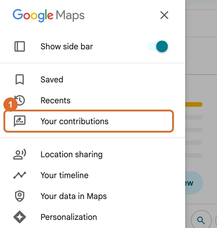 Google Maps menu on a computer with Your contributions highlighted