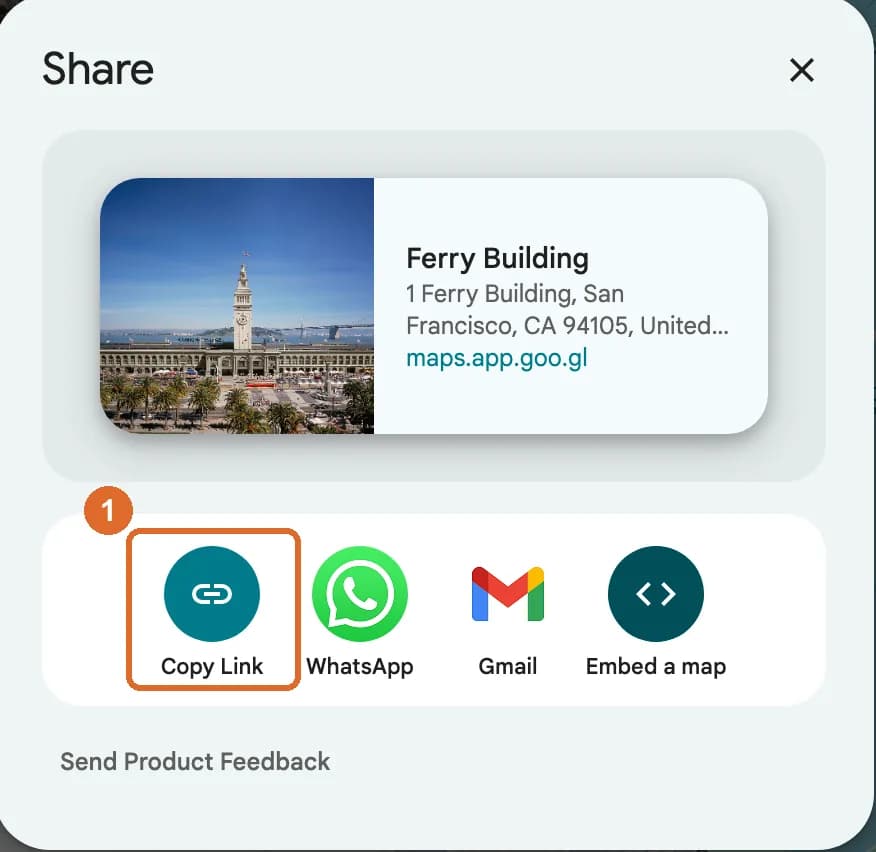 Google Maps Share dialog with the Copy Link button highlighted