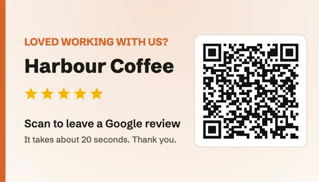Business card Google review sign template with a QR code, stars and a sample business name