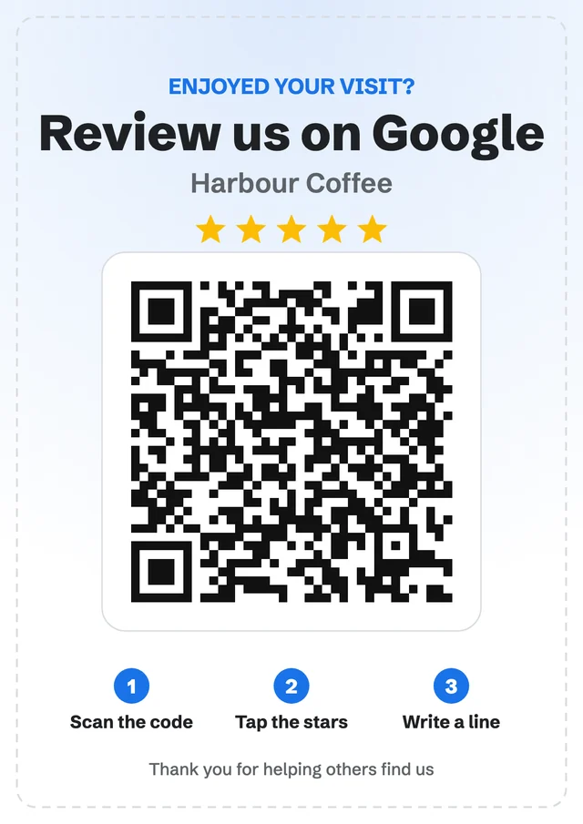 A4 poster Google review sign template with a QR code, stars and a sample business name