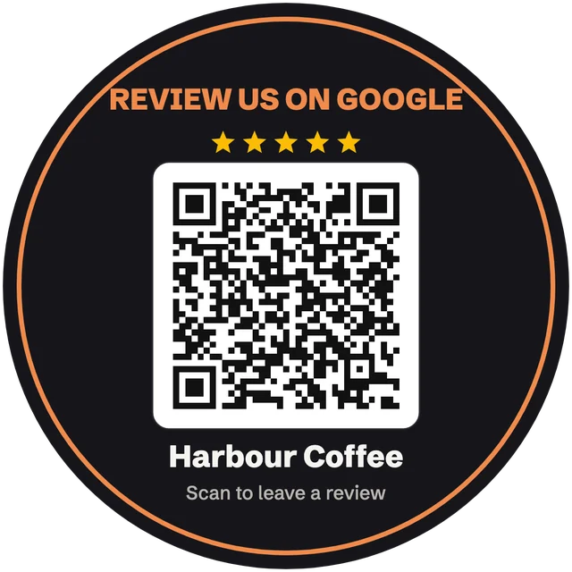 Round sticker Google review sign template with a QR code, stars and a sample business name