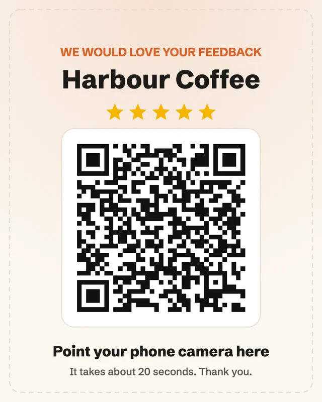 Table tent Google review sign template with a QR code, stars and a sample business name